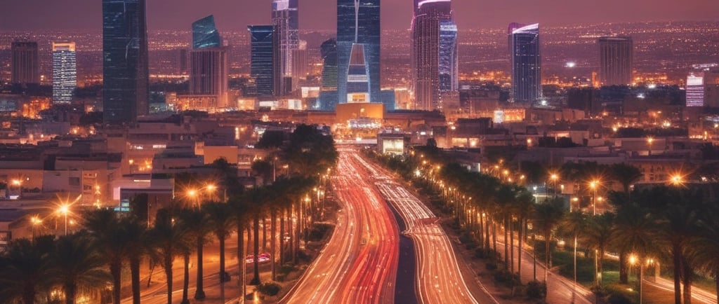 A view of a highway with cars and buildings in the background