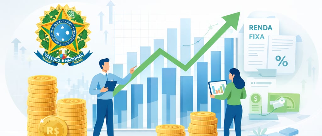 Infográfico do Tesouro Direto com gráficos de crescimento, moedas e dados de renda fixa