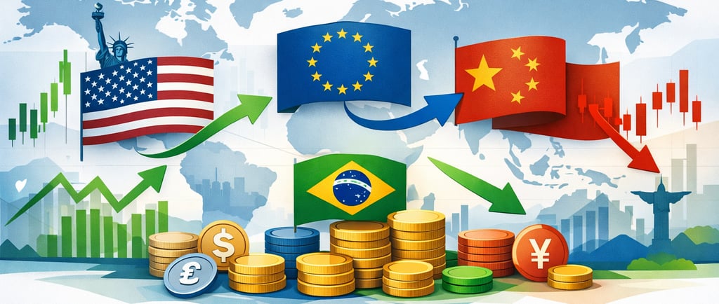 Infográfico da economia global mostrando, moedas e gráficos do mercado financeiro
