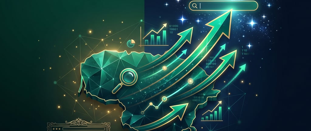 SEO optimizavimas Lietuvoje 2026: Švytinčios strateginio SEO rodyklės kyla virš Lietuvos žemėlapio, 