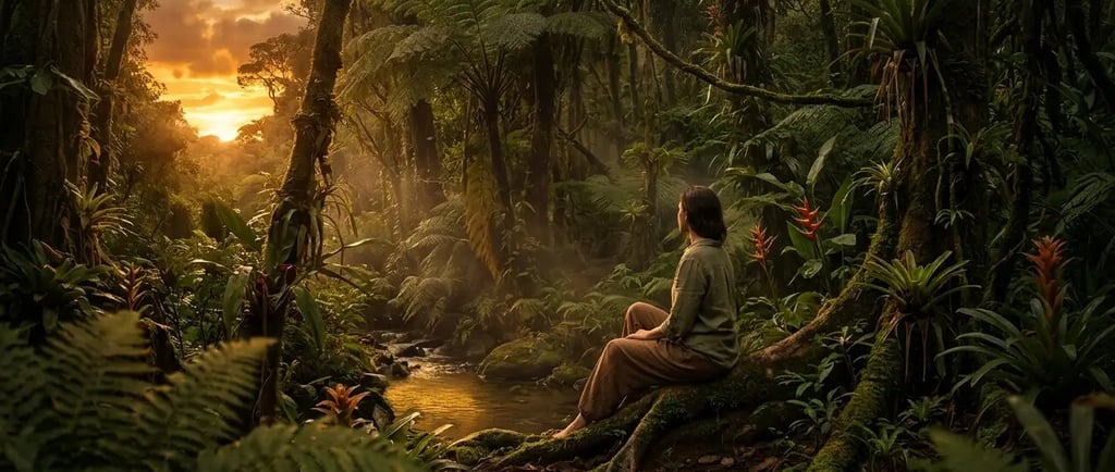 Uma pessoa sentada à beira de um rio em uma exuberante floresta tropical ao pôr do sol.