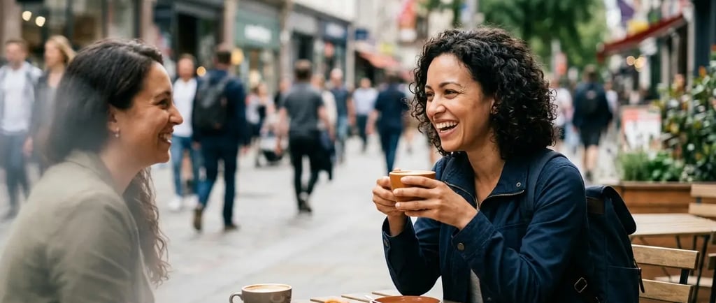 Duas mulheres sorrindo e conversando em um café na calçada, com café e croissants, em uma rua.