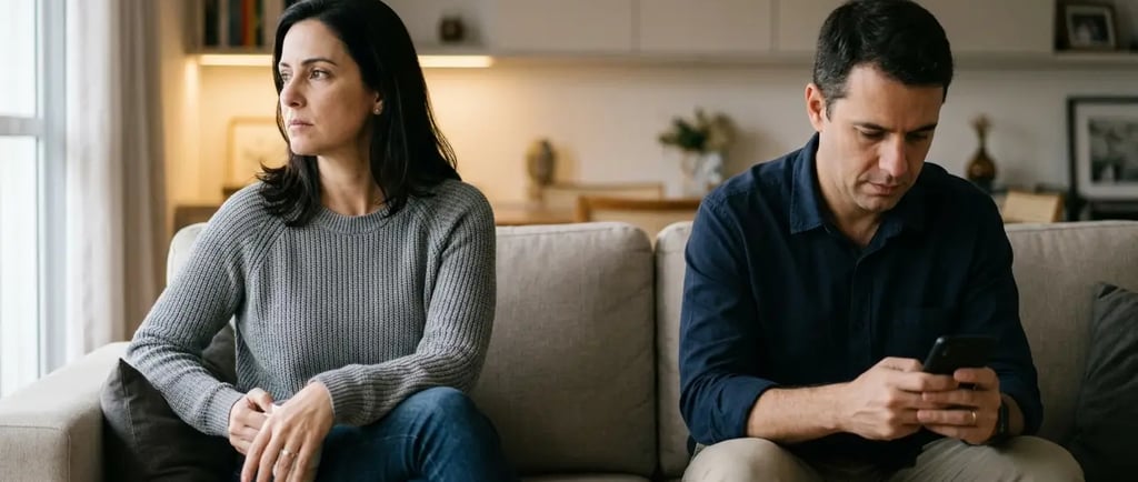 Casal insatisfeito no sofá, enfrentando conflitos no casamento e falhas na comunicação.