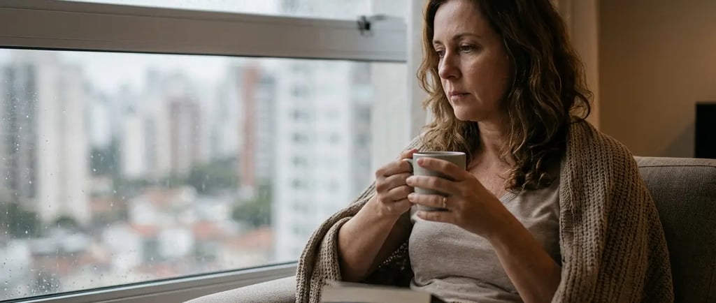 Mulher pensativa tomando café à beira de uma janela em dia chuvoso.