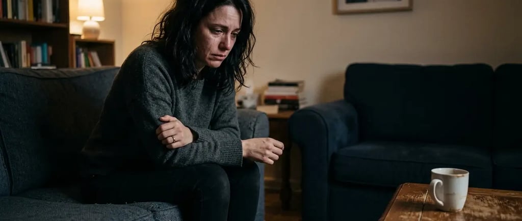 Mulher triste e solitária no sofá, em sala escura, com sinais de depressão.