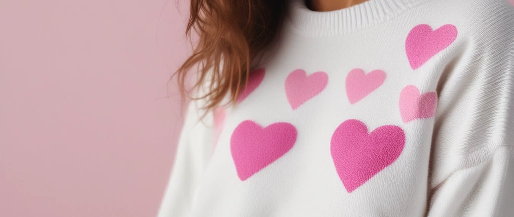 Two red yarn hearts on a wooden surface