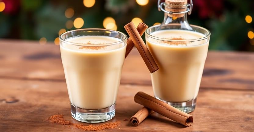 Two small glasses of creamy, golden Coquito garnished with cinnamon sticks, ready for a holiday toas