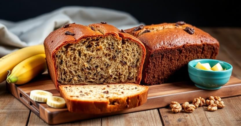 Moist homemade banana loaf with walnuts on a wooden board, slice showing soft crumb
