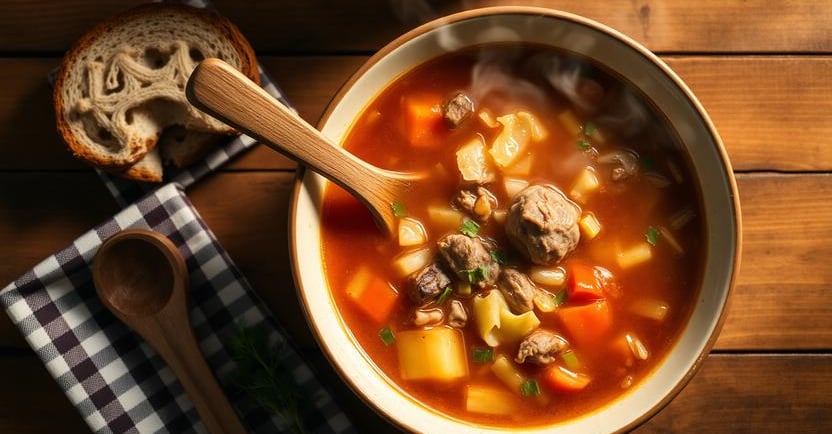 A close-up, overhead photo of a comforting bowl of golumpki soup. The steaming soup in a white ceram