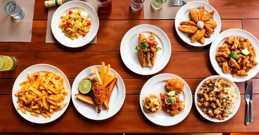 An overhead photo showing five different kid-friendly dinner ideas on plates, including cheesy pasta