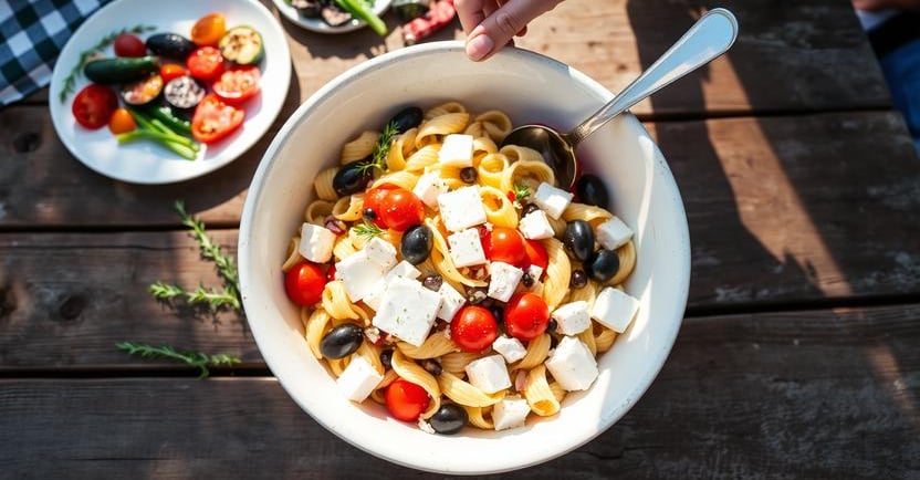 Overhead view of a colorful Greek pasta salad in a large white bowl, featuring tomatoes, cucumbers, 