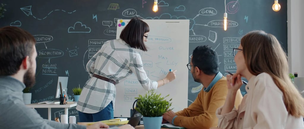 A diverse business team brainstorming creative marketing strategies on a whiteboard during a meeting.