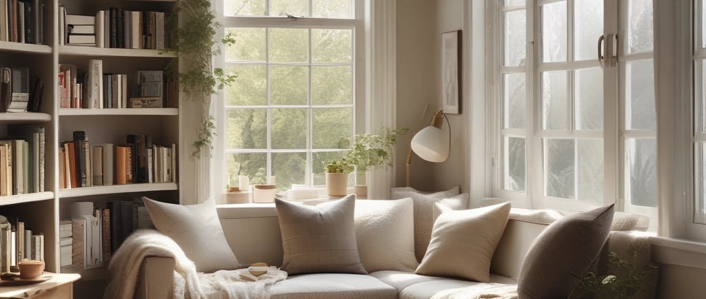 A cozy corner with a warm throw blanket and a softly glowing candle, capturing the quiet shift from autumn to winter.