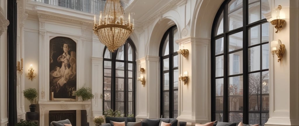Elegant high-end interior with chandelier and arched windows, reflecting luxury real estate brand po