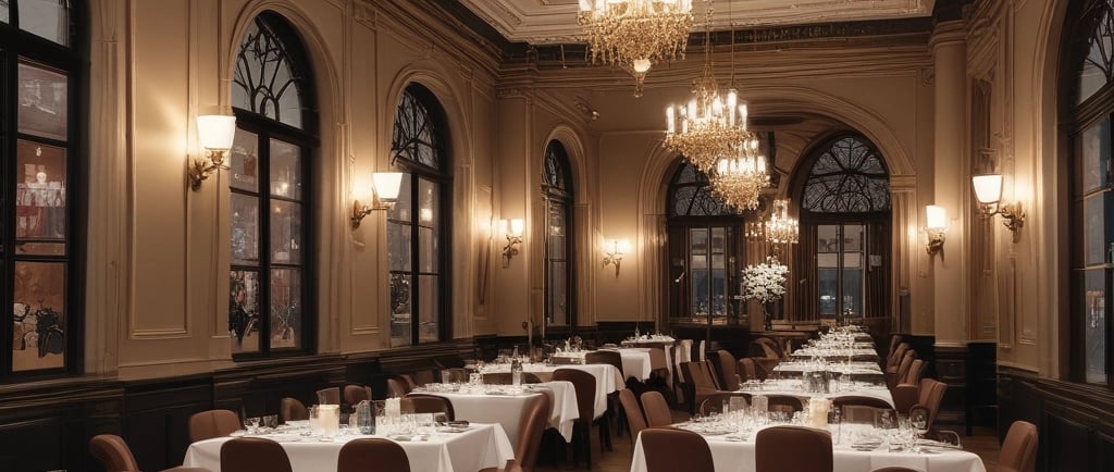 Elegant chandelier-lit luxury interior with white-tablecloth tables, evoking the premium atmosphere.