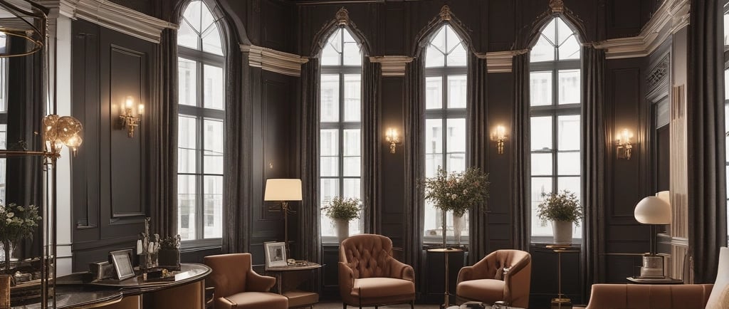 Elegant boutique hotel lounge with tall windows and warm lighting, reflecting luxury brand position.