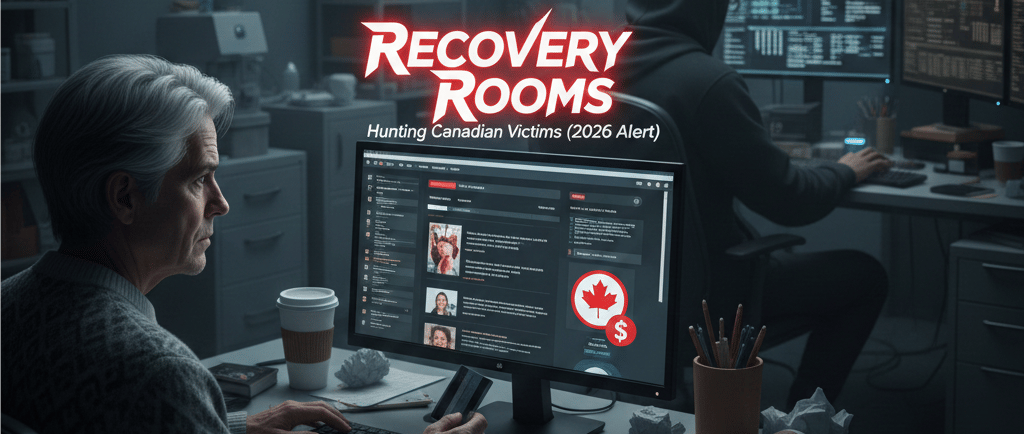 An image of an old man in front of the pc and a text :Recovery Rooms Scams