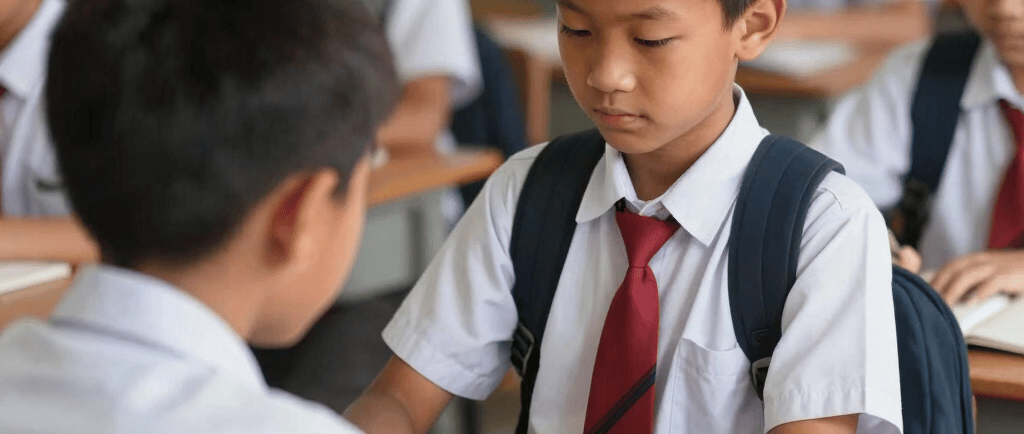 A caring teacher comforting a student who looks upset in a school hallway.