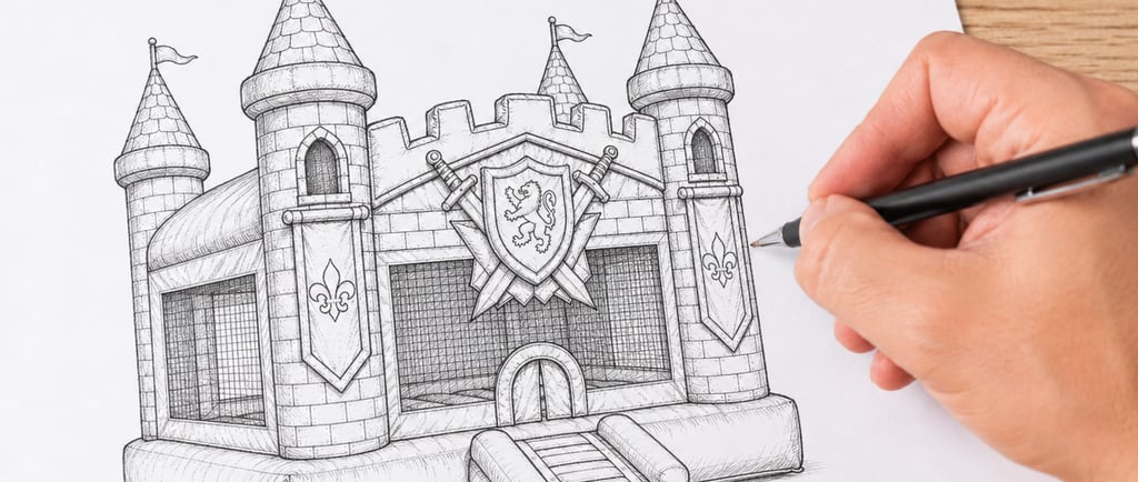 Custom design services by Kiddie Jumps. Pencil drawing of a custom designed bounce house.