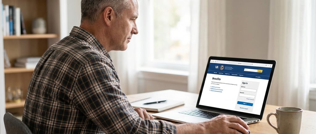 A male veteran using a laptop to access the VA benefits login page from his home office desk.