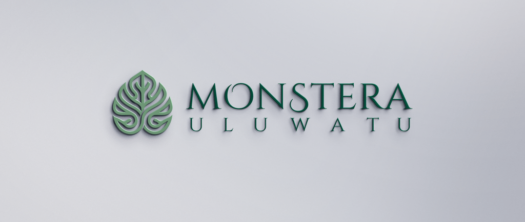 Monstera Uluwatu green leaf logo and typography on a clean textured wall for tropical branding.