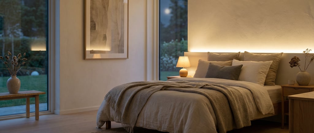 a bedroom with a bed and a table with a lamp