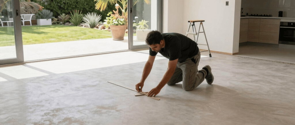 Vakman meet een renovatieoppervlak voor installatie in een mediterrane villa