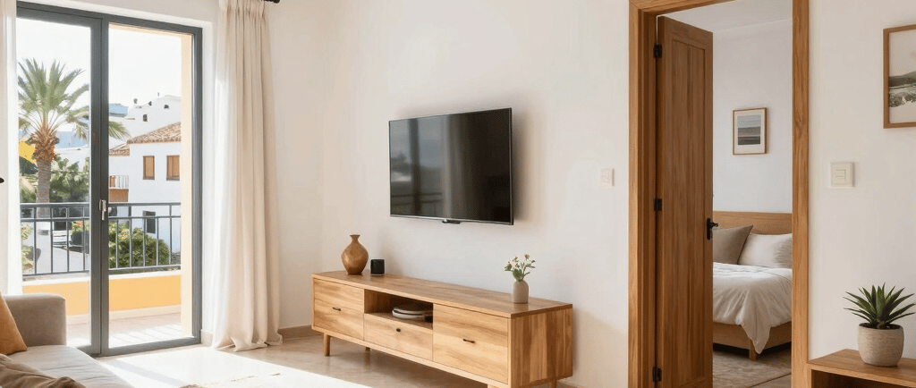 Seamless microcement-style living space with warm neutral finishes