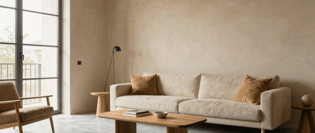 Warm minimalist Mediterranean living room with neutral finishes and natural light