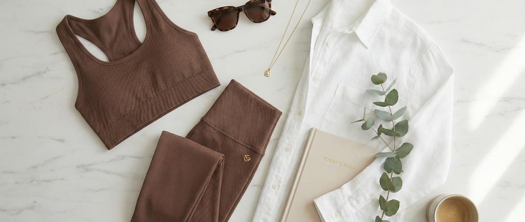 Flat lay of brown ribbed activewear set with white linen shirt, sunglasses, and coffee on marble.