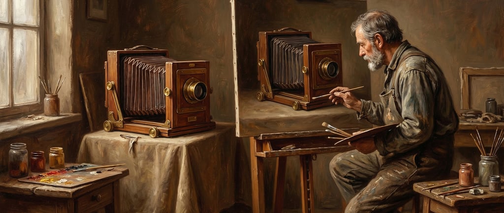 An oil painting of an elderly artist painting an antique 19th century camera in a quiet studio.