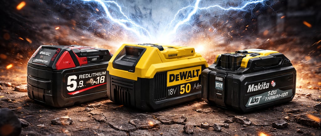 DeWalt, Milwaukee, and Makita power tool batteries on rocky ground with lightning and sparks.