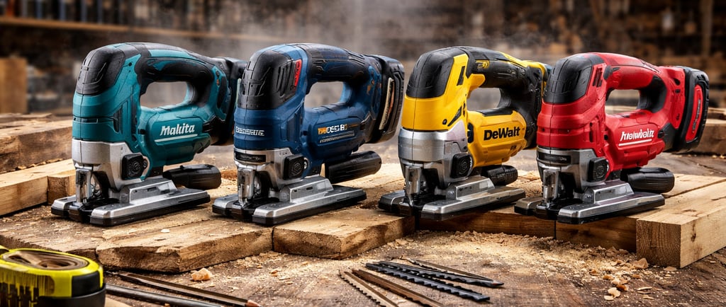 A variety of professional cordless jigsaw power tools on a wooden workbench in a workshop.