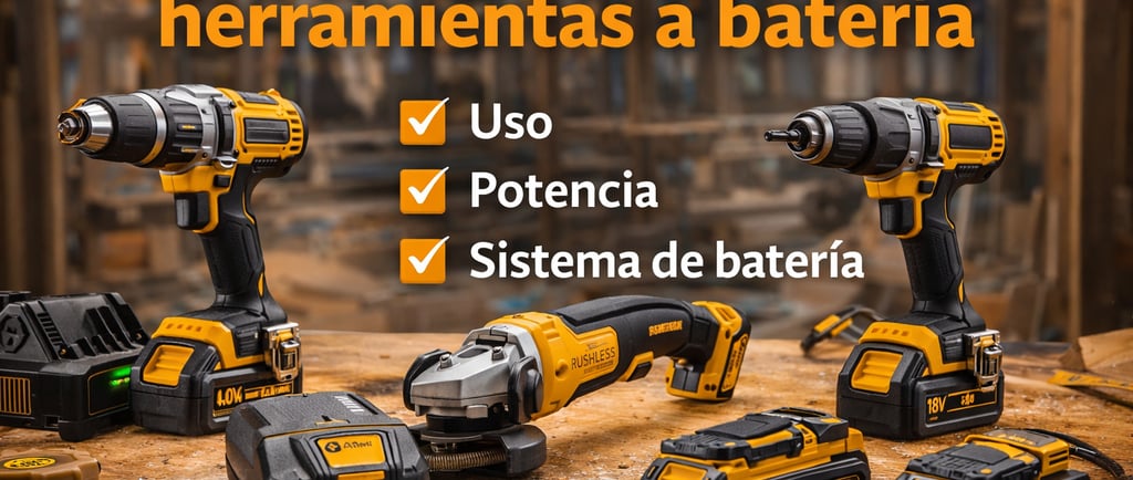 Guía sobre cómo elegir herramientas a batería: taladros, amoladora y baterías de 18V sobre mesa de madera.