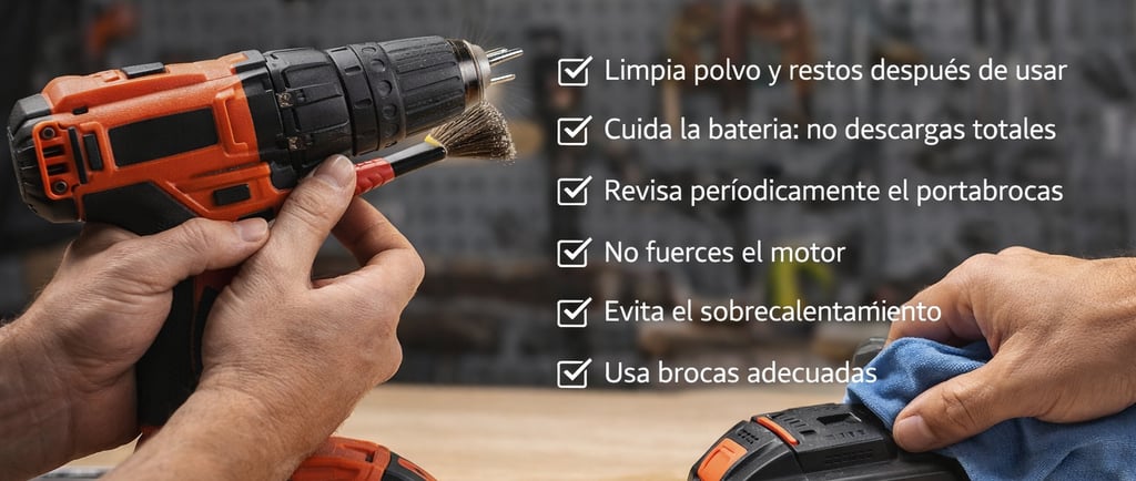 Mantenimiento de herramientas a batería con consejos para limpiar taladros y cuidar baterías de litio.