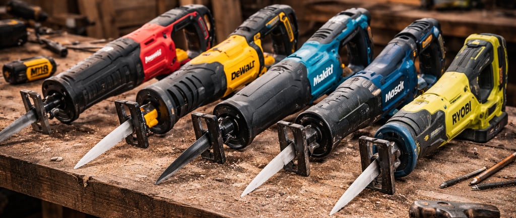 Cordless reciprocating saws from Milwaukee, DeWalt, Makita, and Ryobi on a wooden workbench.