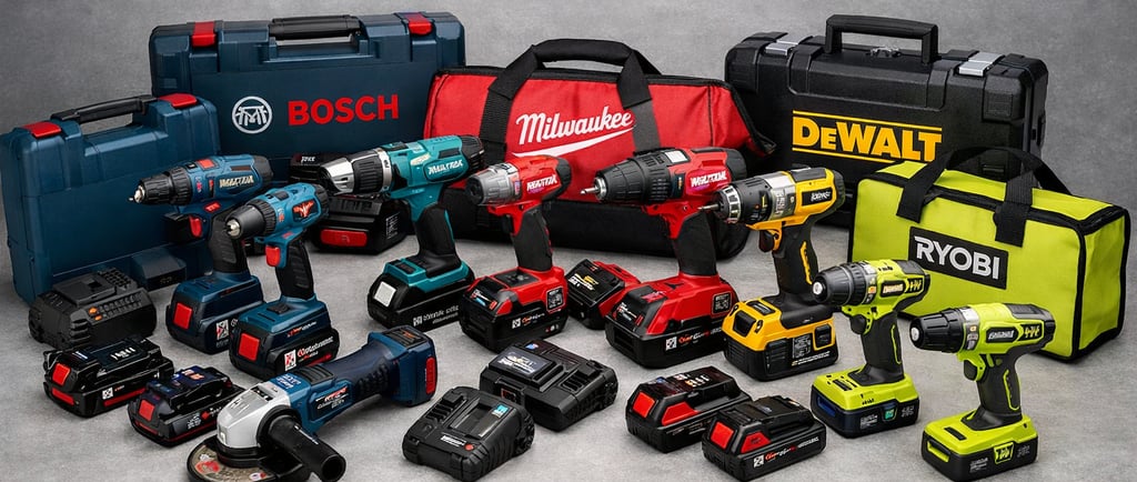 Collection of cordless power tools and batteries from DeWalt, Milwaukee, Bosch, and Ryobi brands.