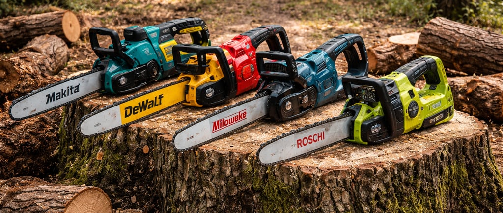 Comparison of cordless electric chainsaws from Makita, DeWalt, Milwaukee, and Ryobi on a tree stump.