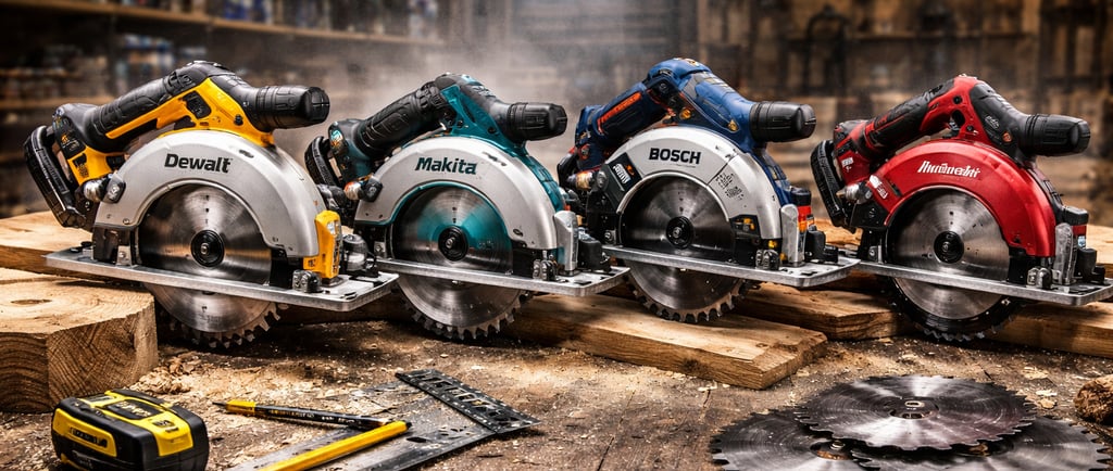 Professional circular saws from DeWalt, Makita, and Bosch on a wooden workbench in a workshop.