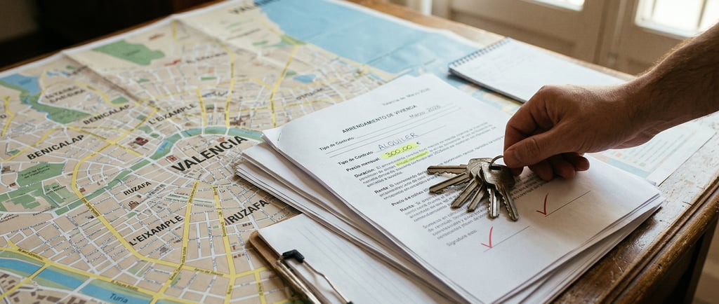 Primer plano de una mano firmando un contrato de alquiler en Valencia con un manojo de llaves sobre el documento