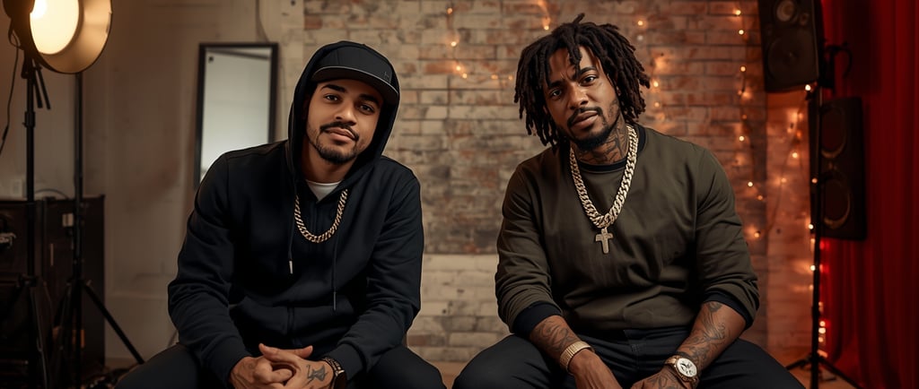 dois homens sentados em uma cadeira em uma sala de estudio