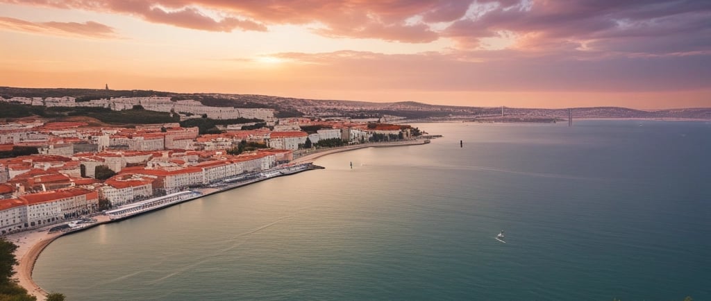 A serene Portuguese coastal village at sunset, capturing the warm light and charm that inspire Alexandre Ament's writing.