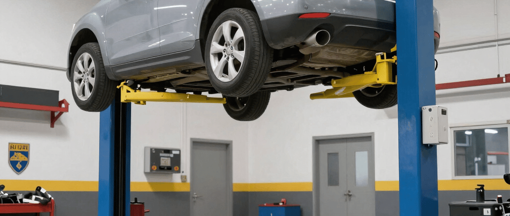 Concrete staircase with orange railings and red fire equipment.