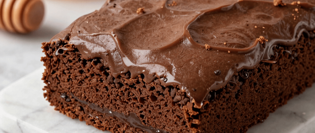 A close-up of a freshly baked protein honey cake with a drizzle of honey on top, placed on a light wooden table with green leaves in the background.