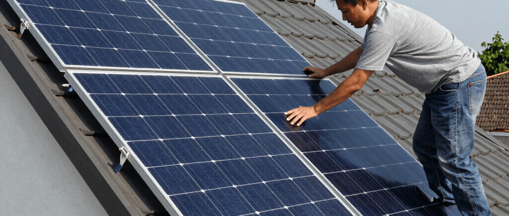 Modern home rooftop with sleek solar panels under a clear blue sky.