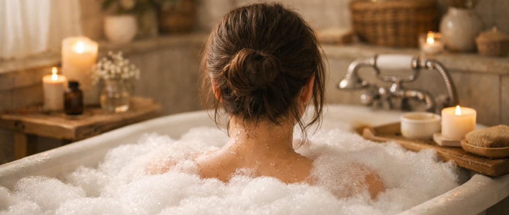 a woman in a bathtub with candles and candles