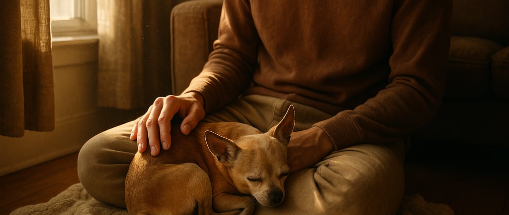a man sitting on a rug with a dog