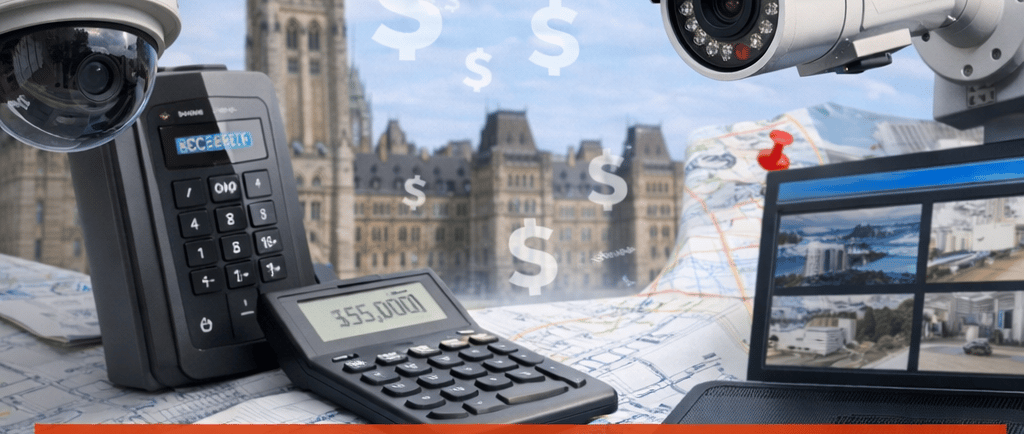 Commercial security cameras, calculator, and cost breakdown graphic with Ottawa Parliament background.
