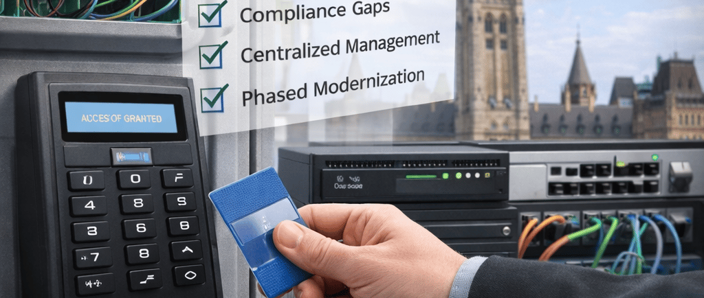 Technician upgrading legacy access control panel in government facility with Ottawa Parliament background.