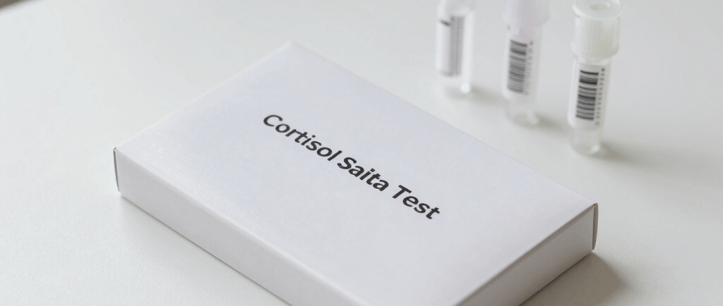 Close-up of a cortisol test kit with a calm, white background.